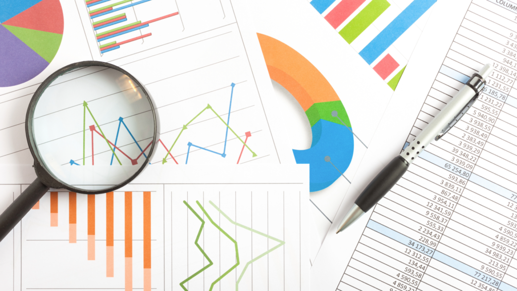 This is image is a collage of business documents with line charts and pie charts.