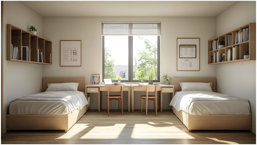 Photo of off-campus apartment with beds and desks for article regarding off-campus housing.